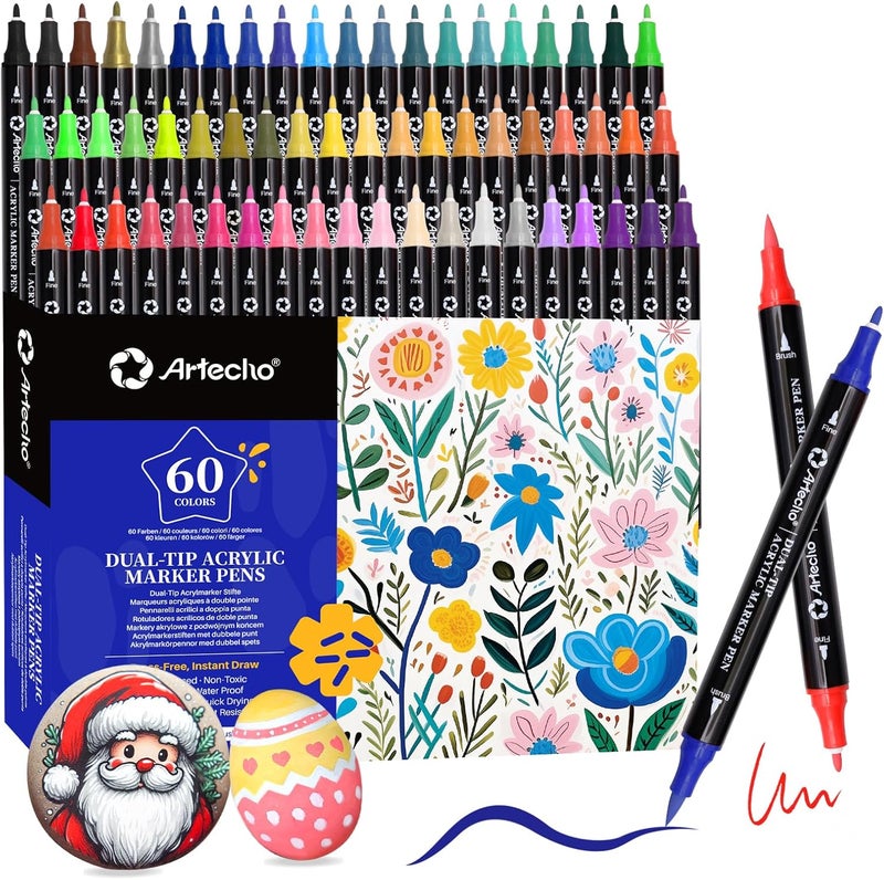 Artecho Acrylic Paint Markers 60 Colors, Acrylic Paint Pens with Brush Tip and Fine Tip for Stone, Rock Painting, Paper, Pumpkin, Wood, Egg, Canvas, Ceramic, Fabric, leather, Glass, DIY Crafts - Image 1